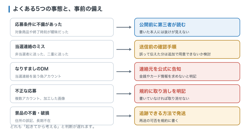 よくある5つのトラブル。応募条件の不備、当選連絡のミス、なりすまし、不正応募、景品の不着