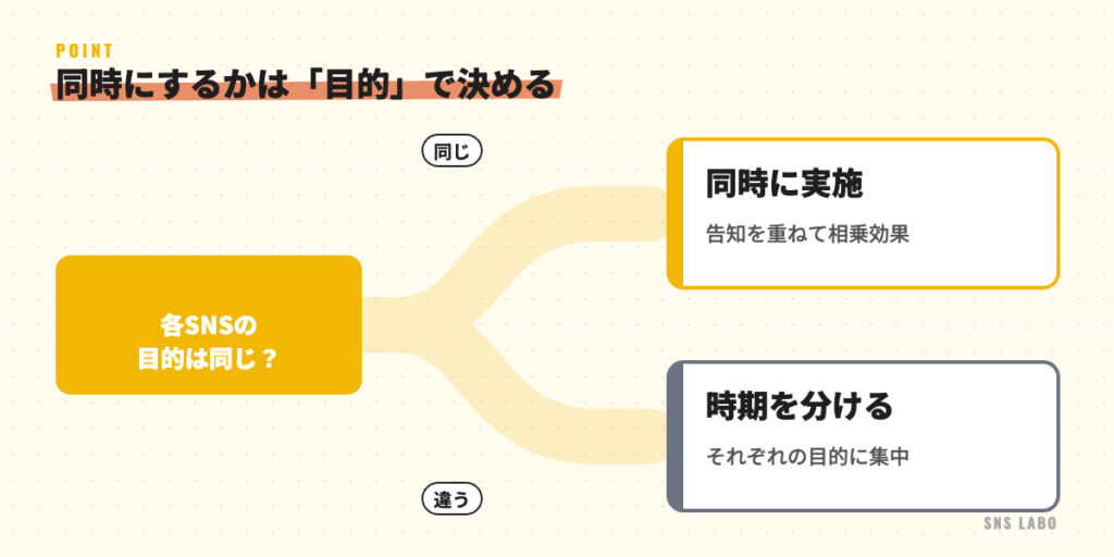 同時実施の判断。目的が同じなら同時に、目的が違うなら時期を分ける